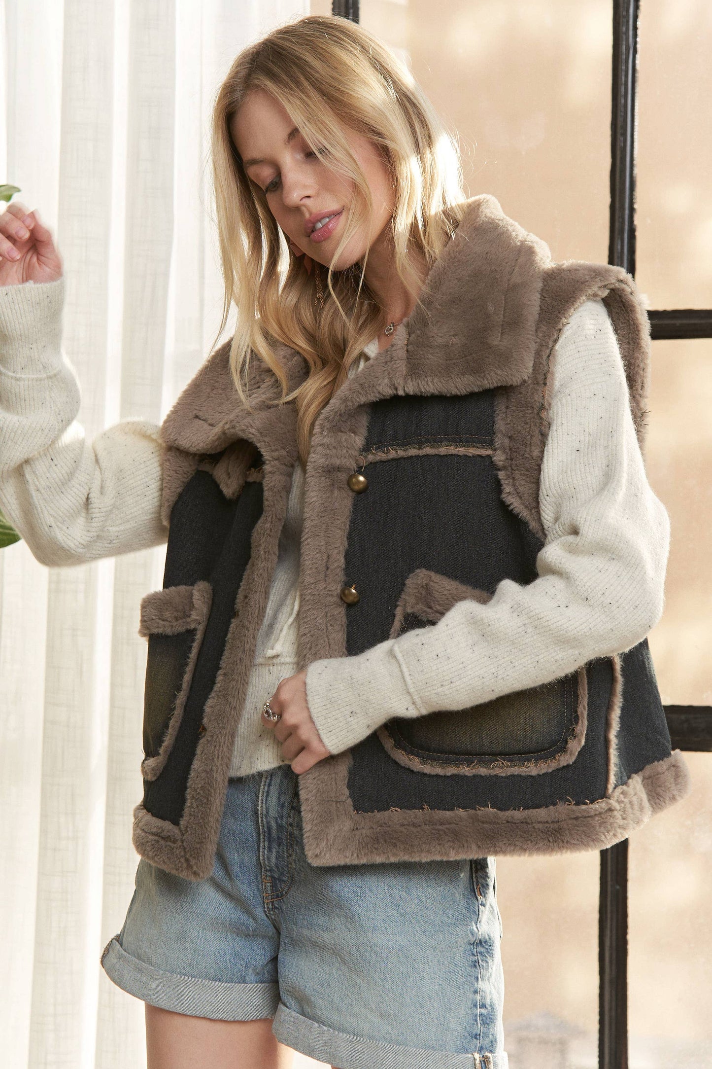 ADORA LA KNIT HENLEY DENIM FAUX FUR LINED JACKET