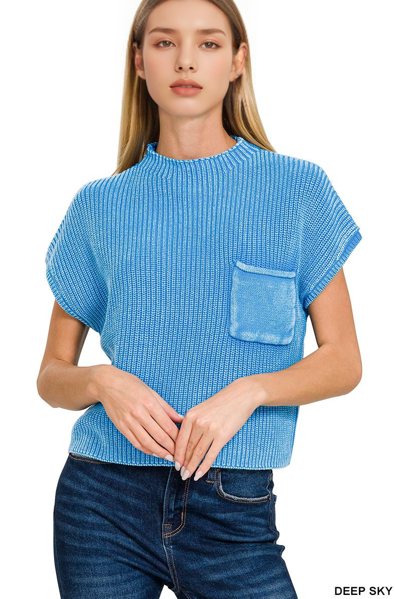 Washed Mock Neck Short Sleeve Sweater