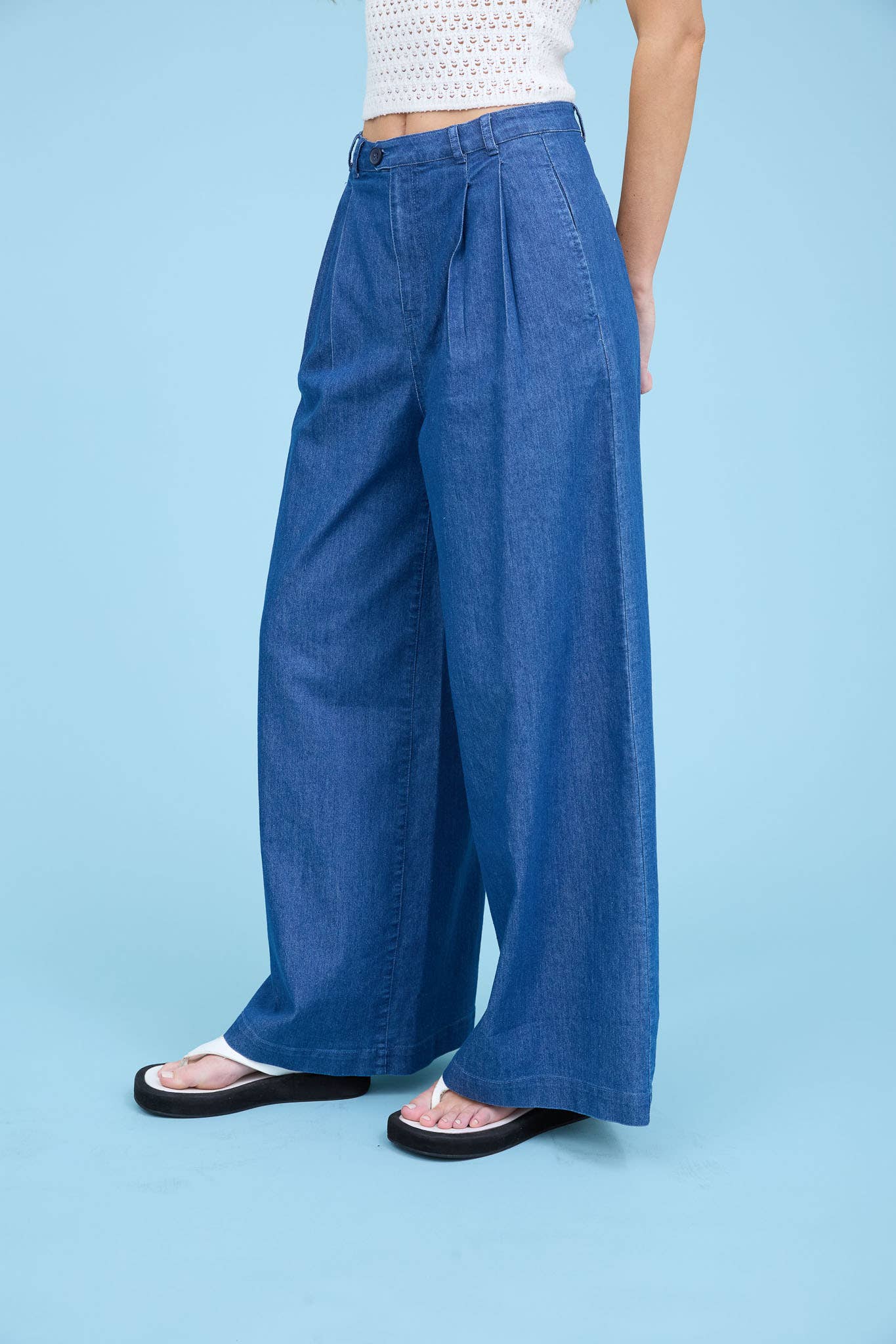 BLU PEPPER PLEATED WIDE LEG CHAMBRAY PANTS