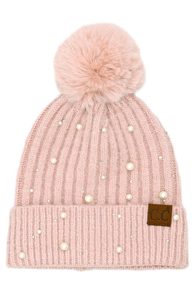 C.C Pearl Embellishments Pom Beanie