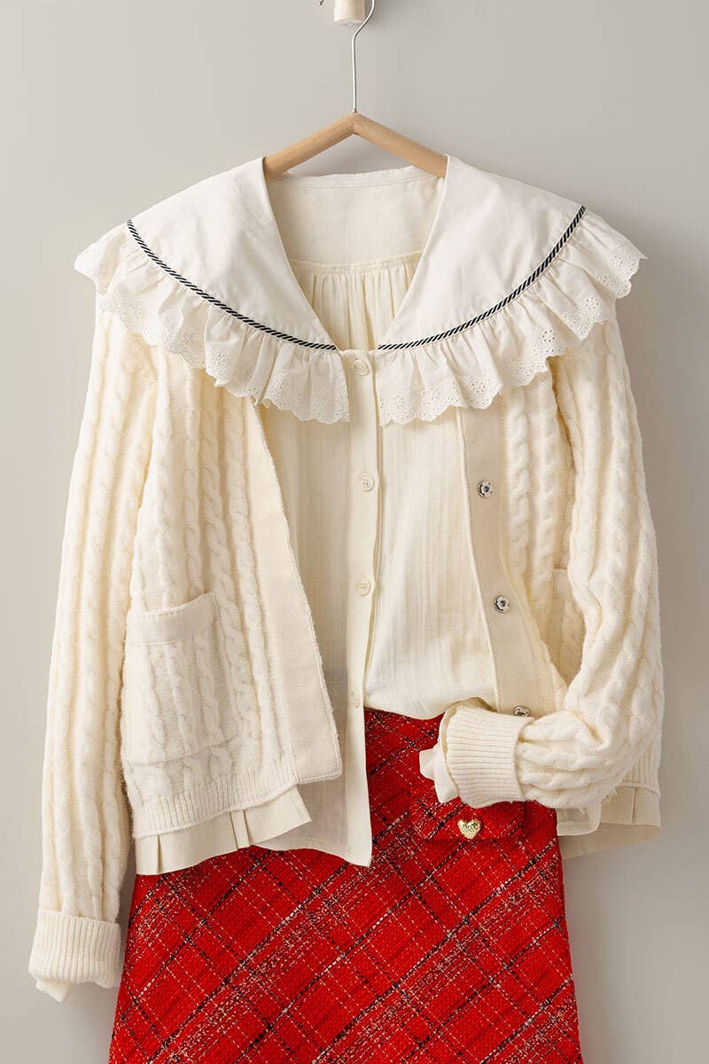 Urban Daizy Cable Knit Snap Front Ribbed Trim Long Sleeve Sweater