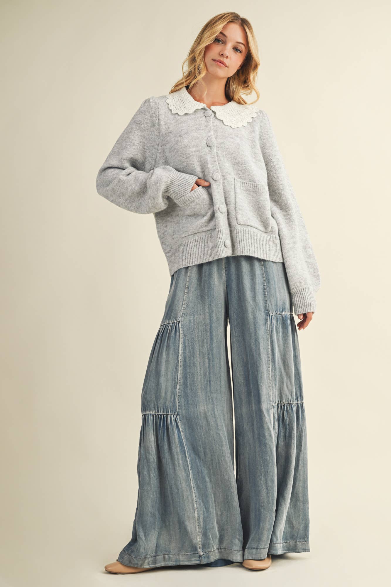 MUSTARD SEED RUFFLED SIDE WASHED DENIM WIDE PANTS