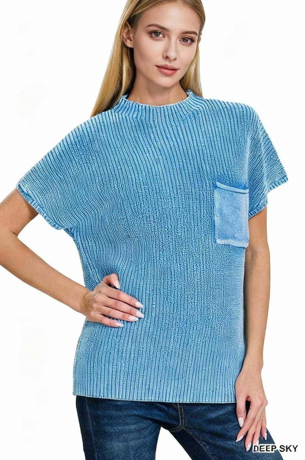 Washed Mock Neck Short Sleeve Sweater