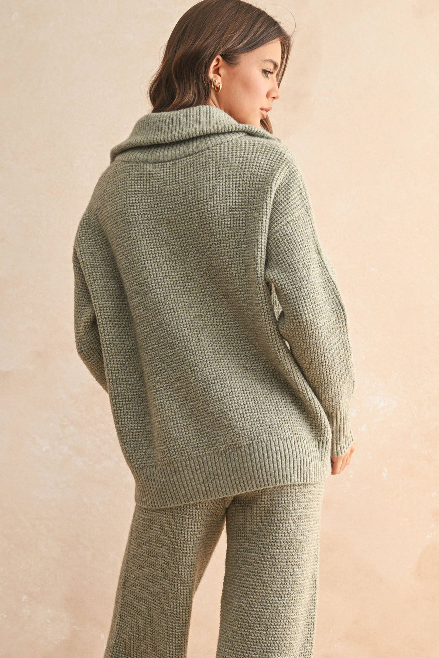 MIOU MUSE WAFFLE PATTERN HALF ZIP UP SWEATER TOP
