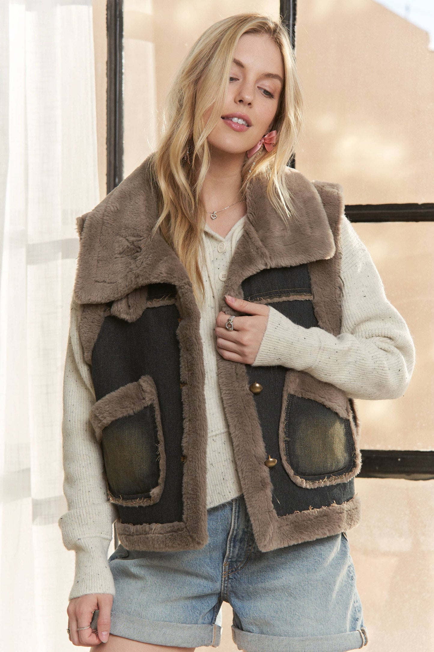 ADORA LA KNIT HENLEY DENIM FAUX FUR LINED JACKET