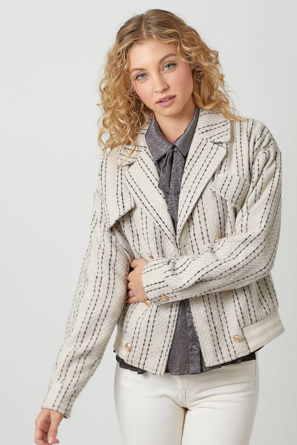 Mystree Stripe Bomber Jacket