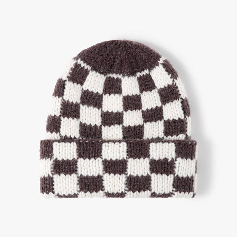 Plaid Contrast Color Warm Knit Beanie DPKB3019