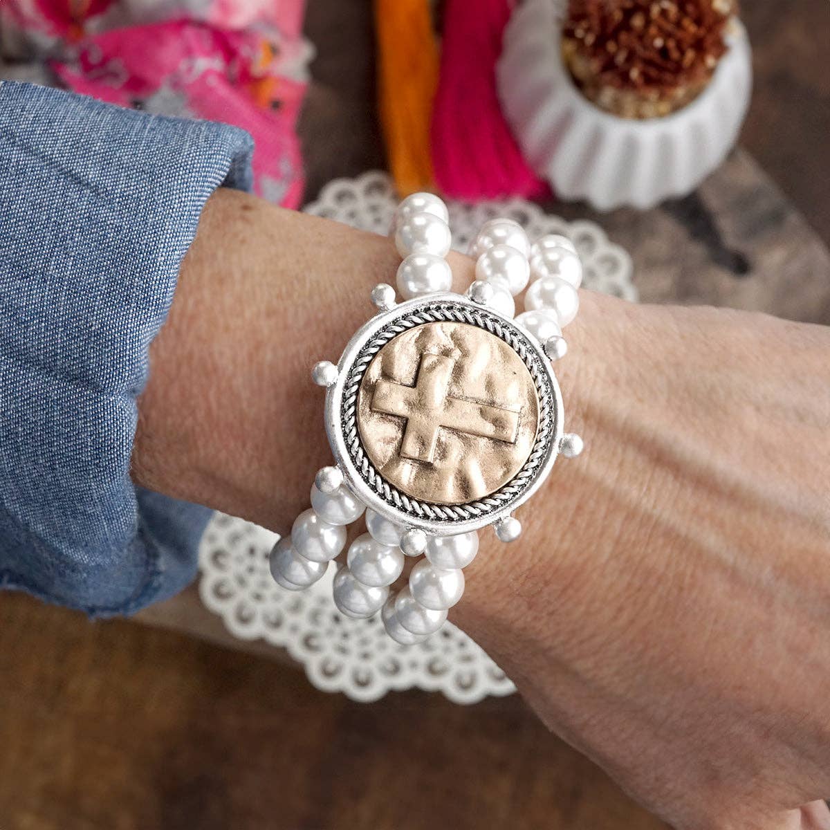 Gracebound – Cross Coin & Chunky Pearl 3-in-1 Statement Bracelet in Mixed Metals