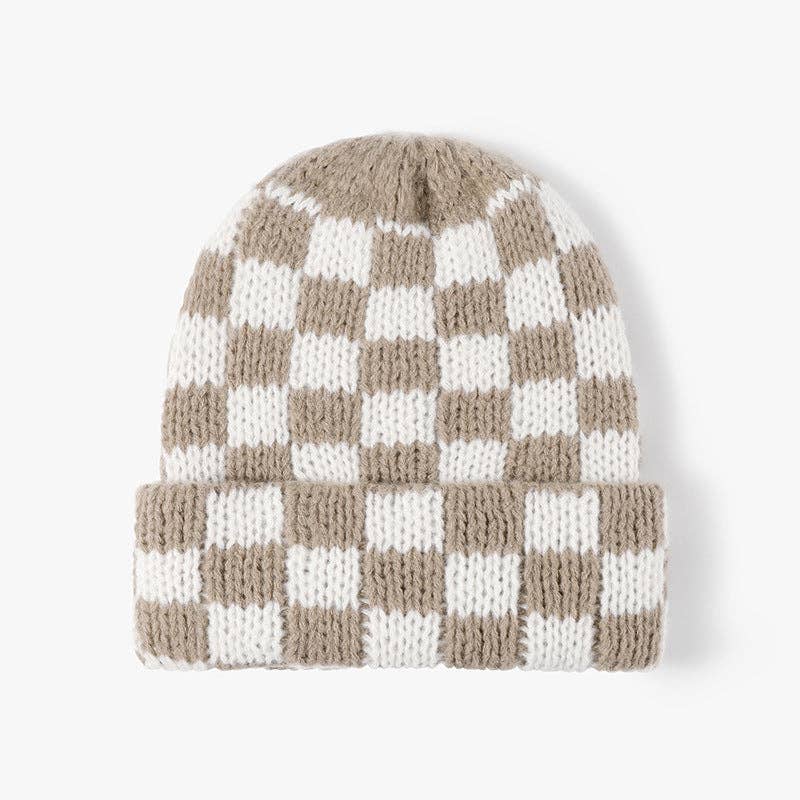 Plaid Contrast Color Warm Knit Beanie DPKB3019