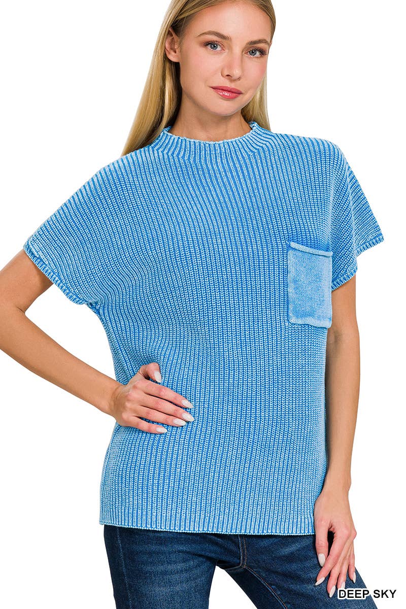 Washed Mock Neck Short Sleeve Sweater