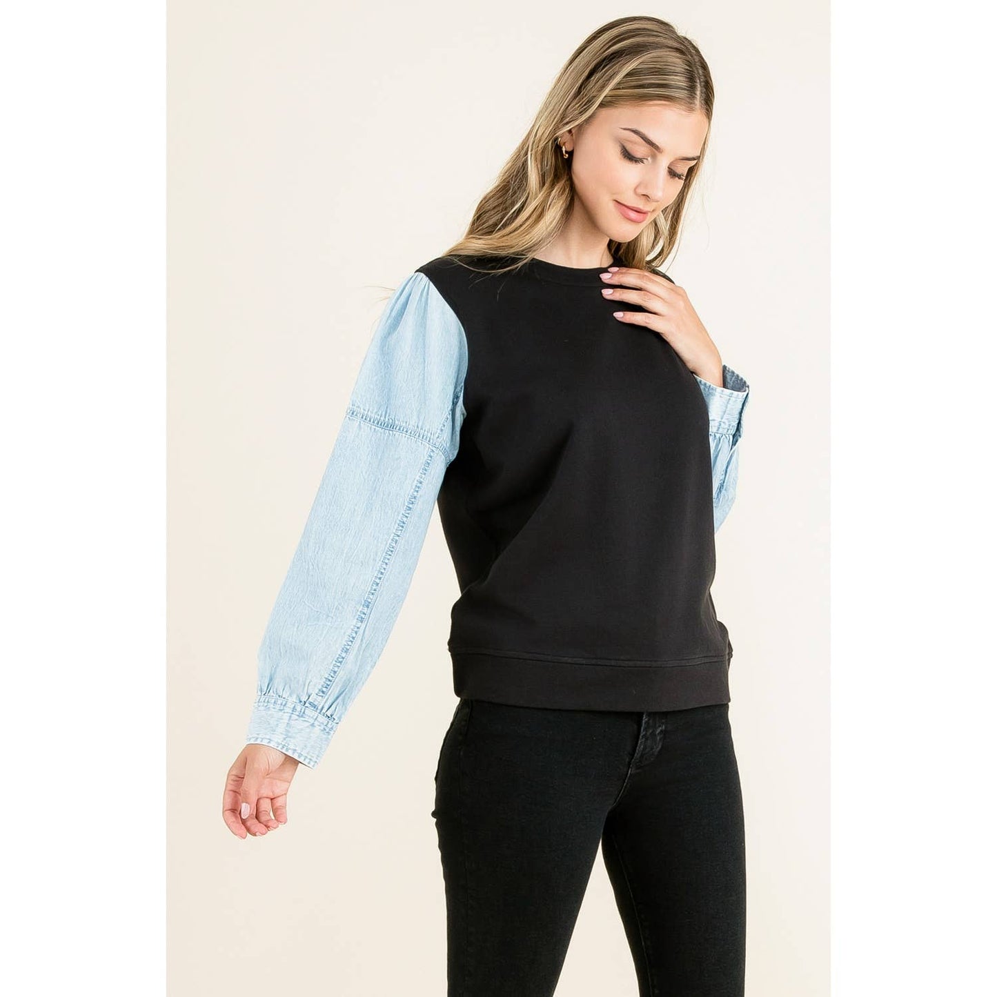 Black Knit Top with Long Light Denim Contrast Sleeves By THML