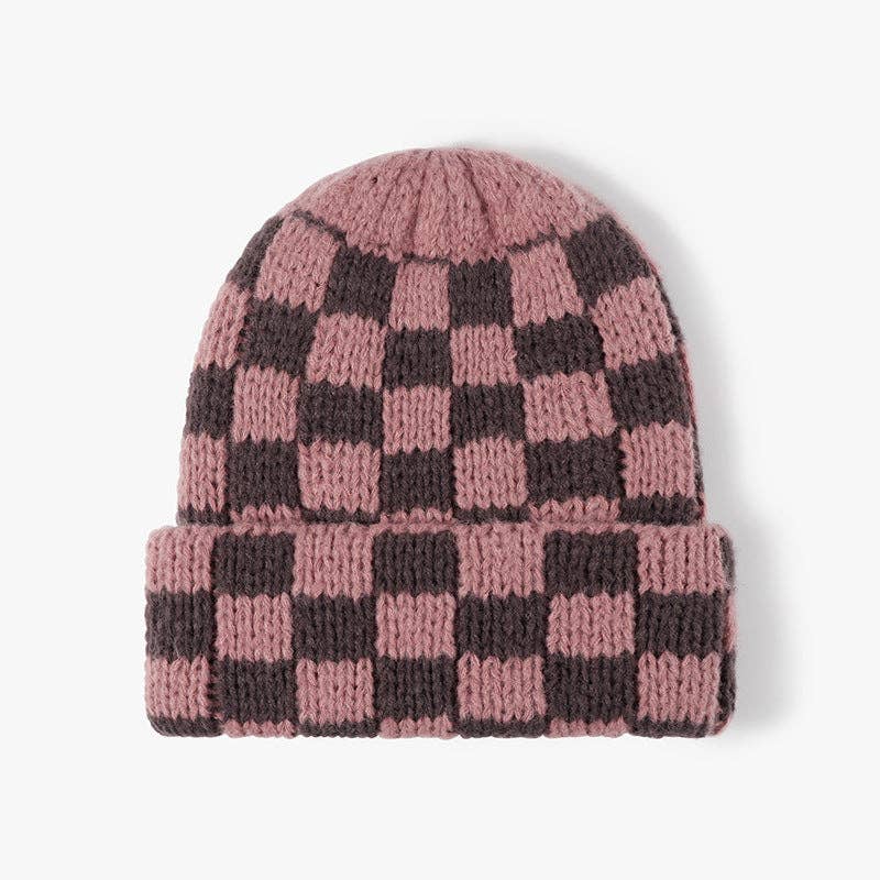 Plaid Contrast Color Warm Knit Beanie DPKB3019