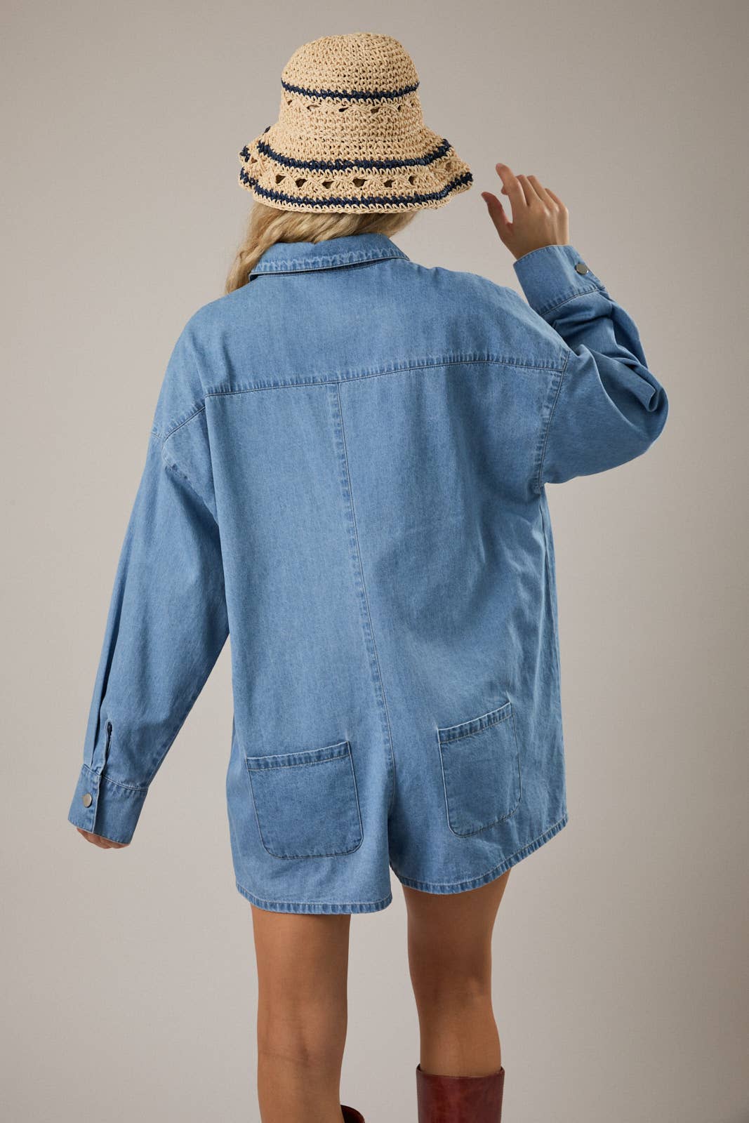LONG SLEEVE WEIGHTLESS DENIM ROMPER BY LE LIS