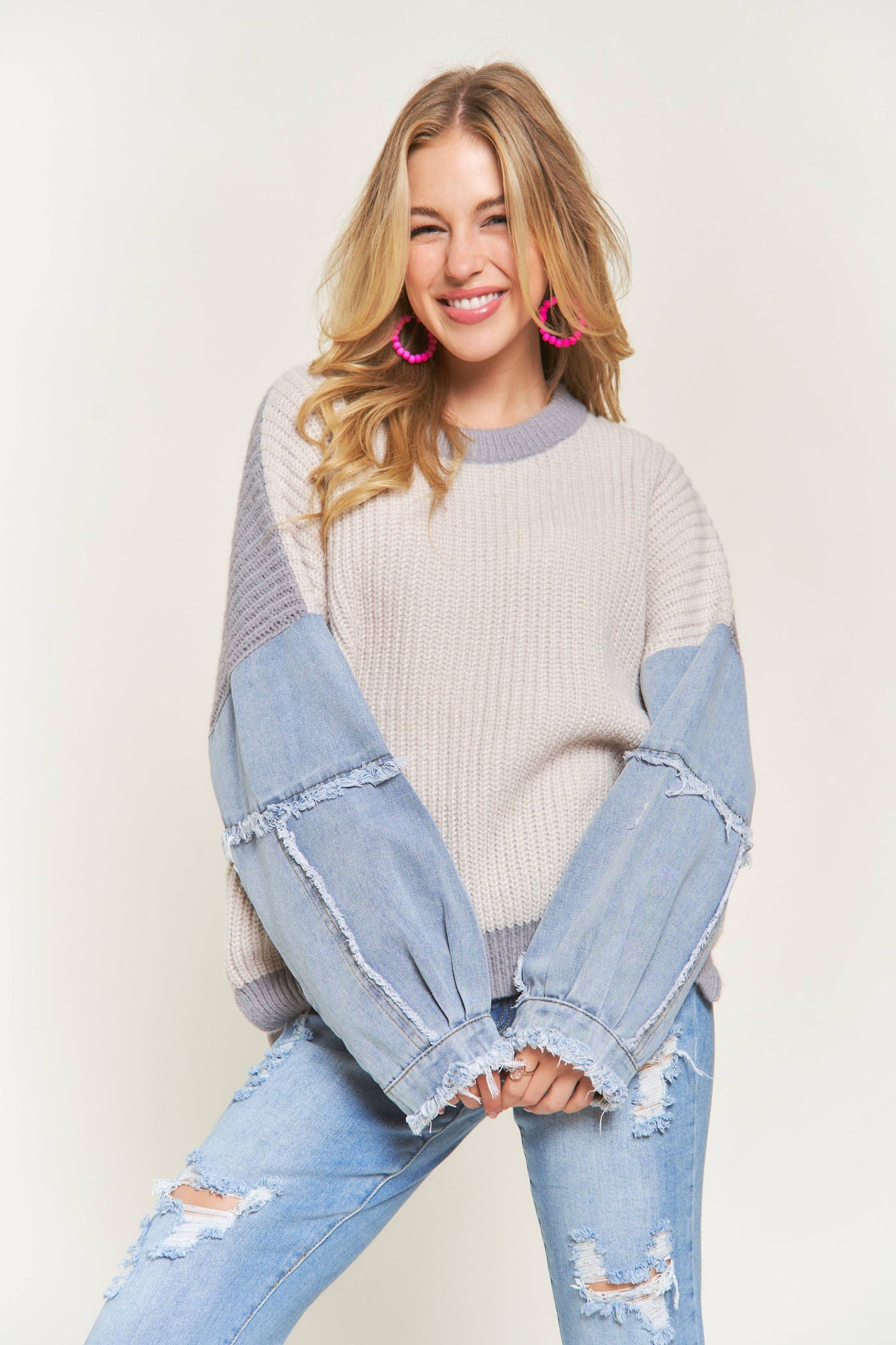 Adora LA COLORBLOCK SWEATER TOP DENIM SLEEVE