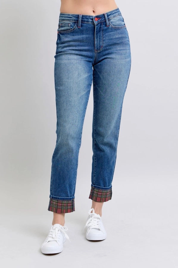 Judy Blue MR Plaid Print Cuff BF 88877REG