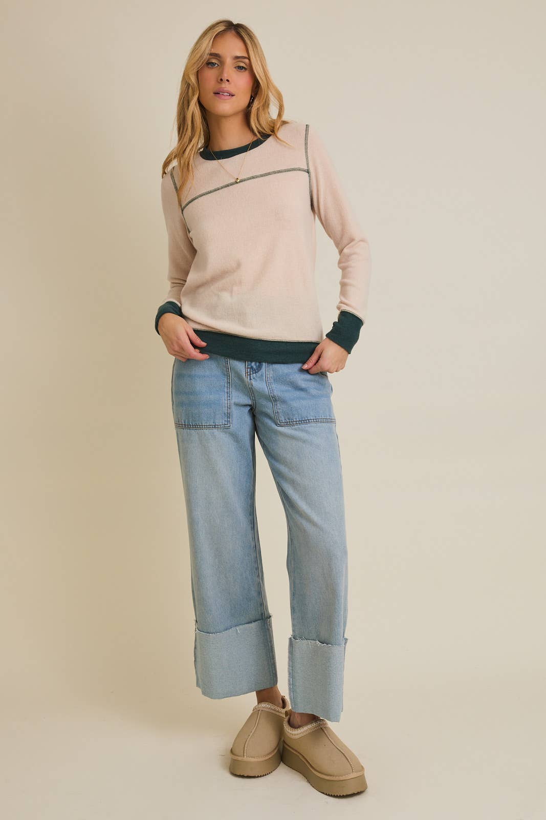 GILLI LONG SLEEVE BAND CONTRAST REVERSE STITCH BRUSHED TOP
