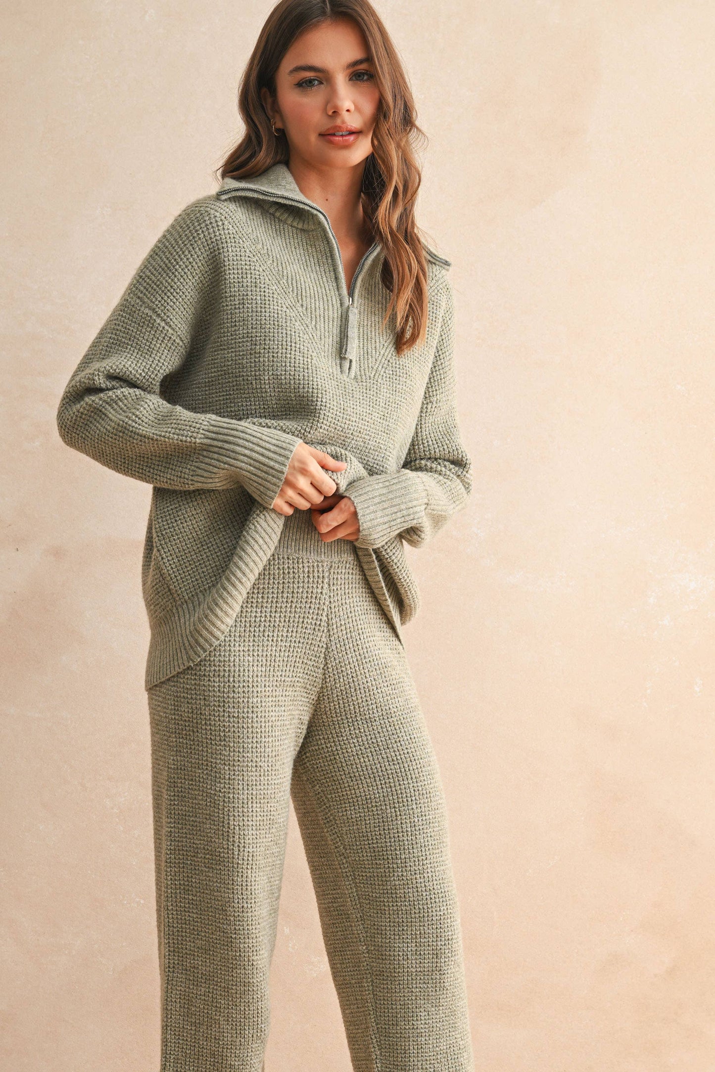 MIOU MUSE WAFFLE PATTERN HALF ZIP UP SWEATER TOP