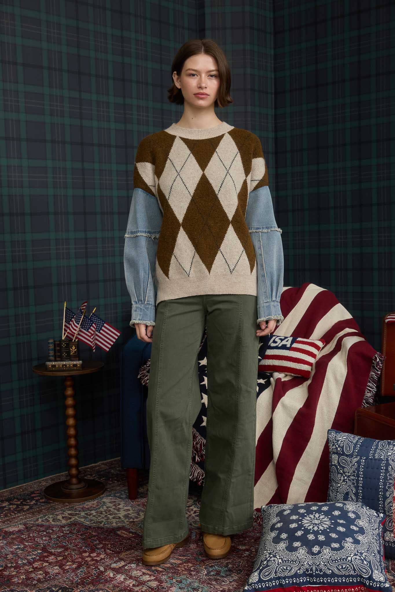 J O A ARGYLE DISTRESSED DENIM SLEEVE KNIT SWEATER