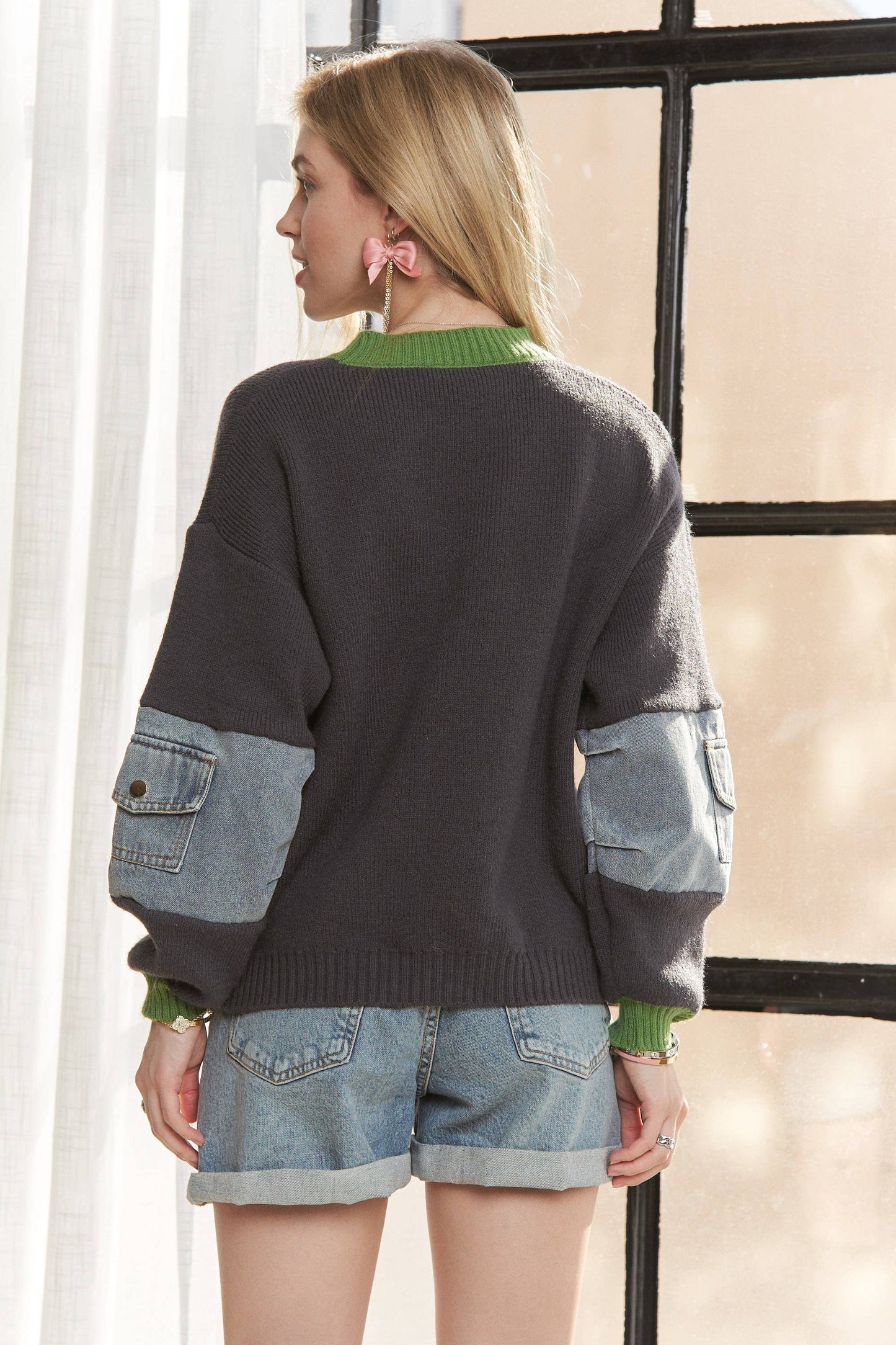Adora LA KNIT SWEATER TOP WITH DENIM POCKETS
