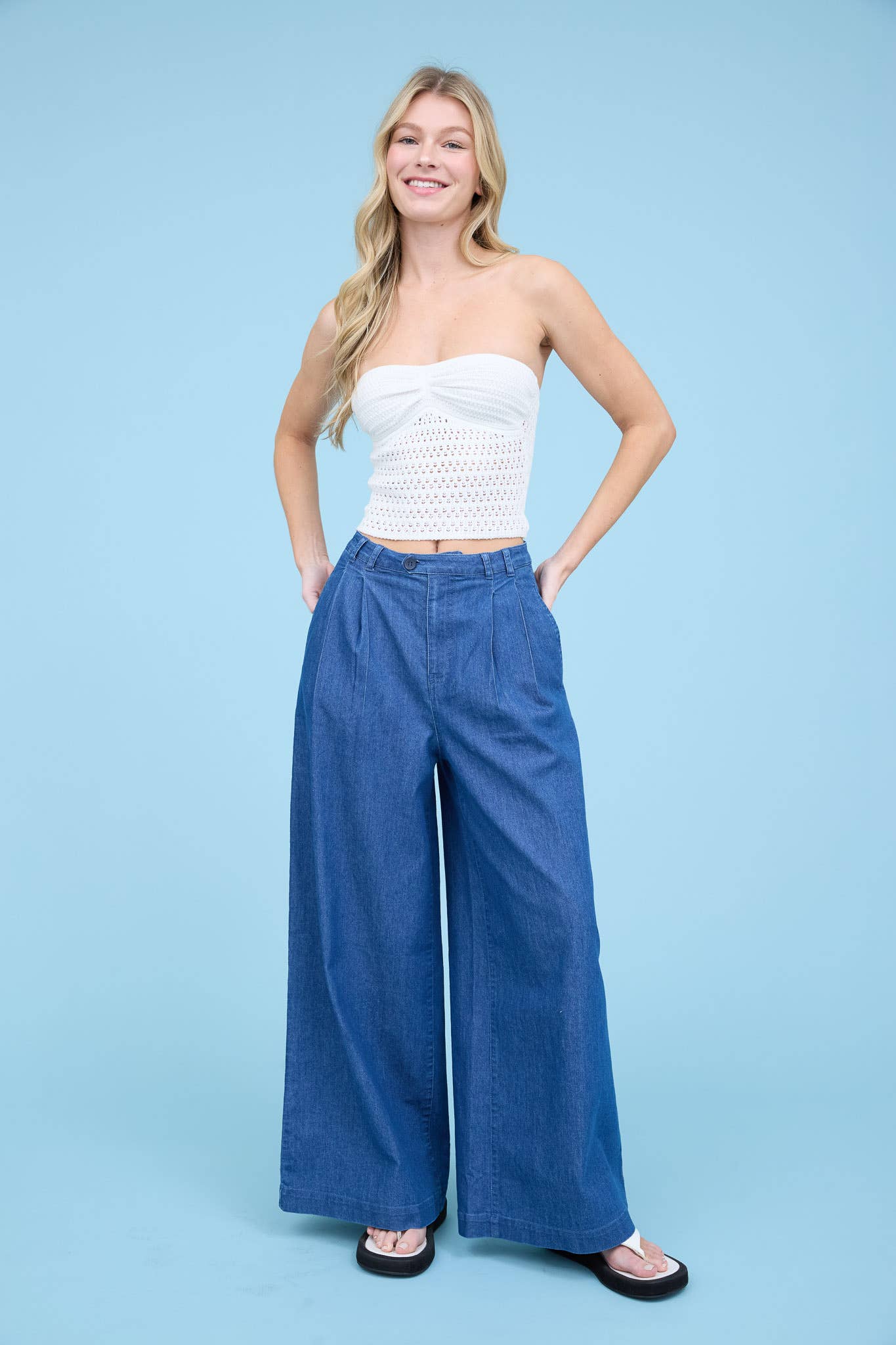 BLU PEPPER PLEATED WIDE LEG CHAMBRAY PANTS