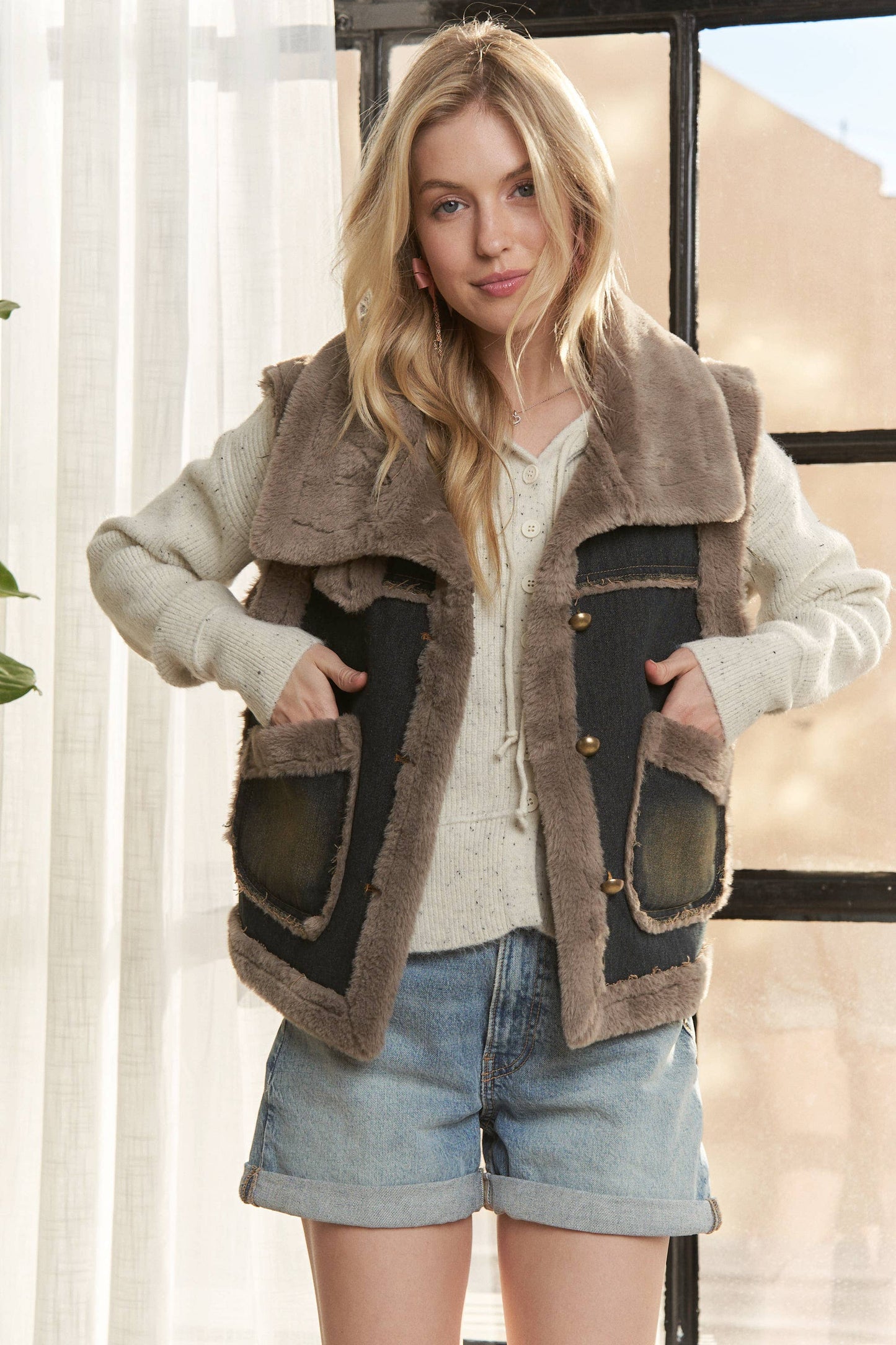 ADORA LA KNIT HENLEY DENIM FAUX FUR LINED JACKET