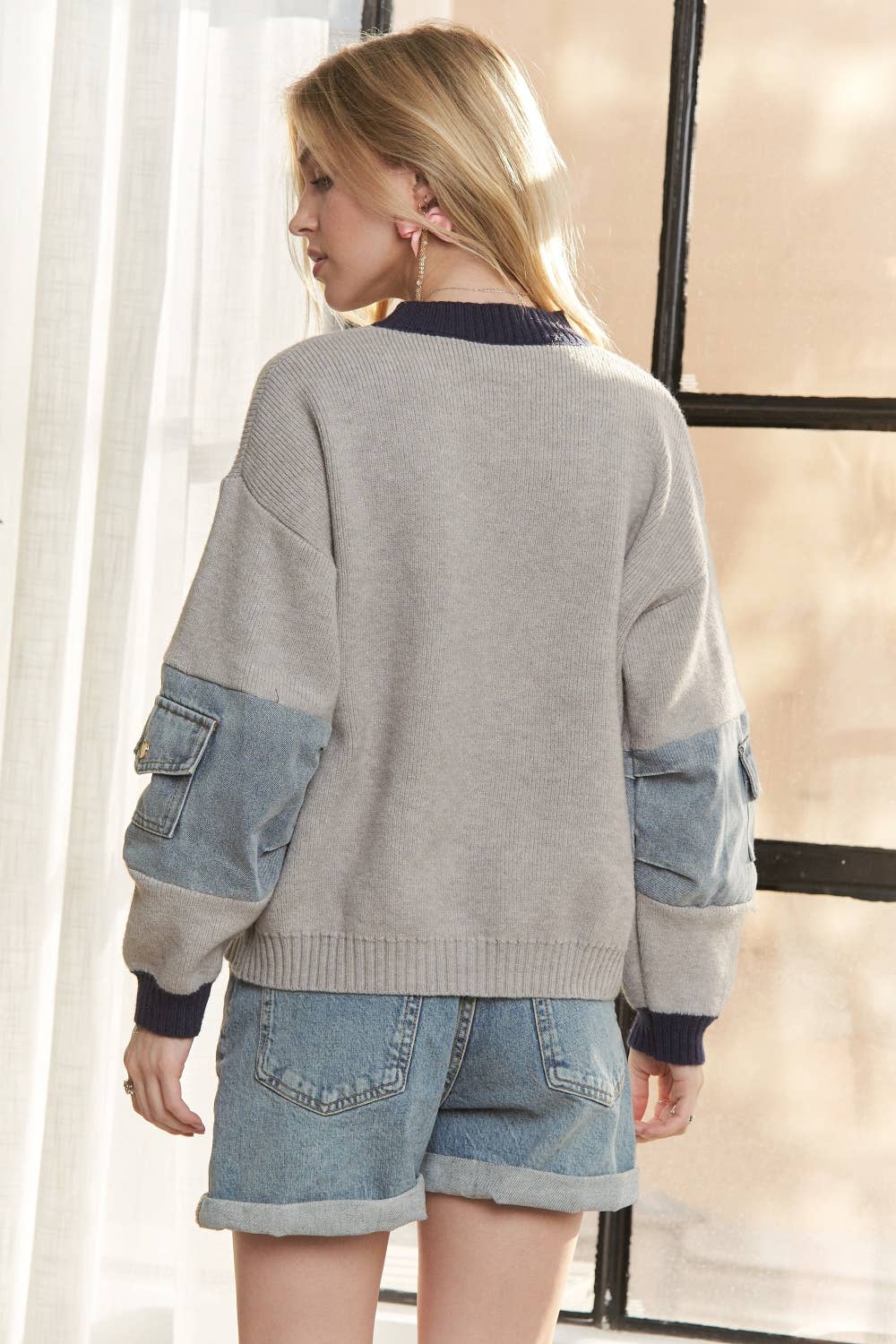 Adora LA KNIT SWEATER TOP WITH DENIM POCKETS