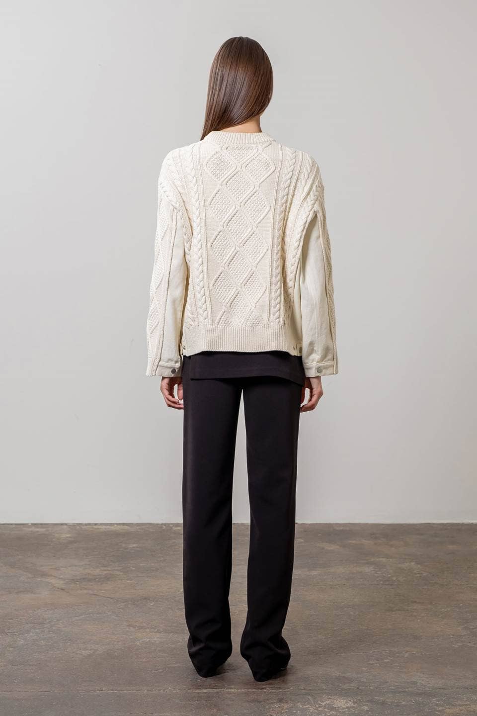 MOON RIVER CABLE KNIT SWEATER WITH DENIM DETAIL