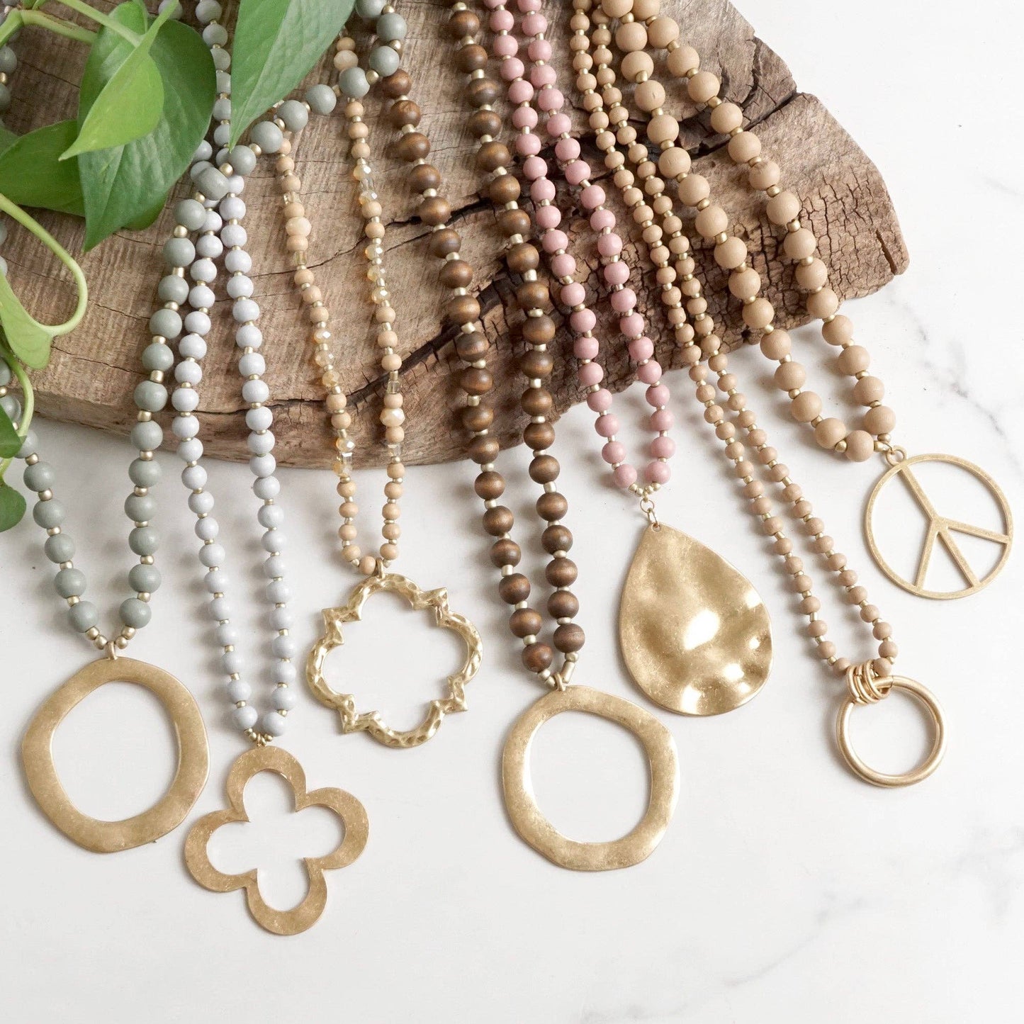 Long Wooden Bead Necklace with gold circle ring - Beige Natural