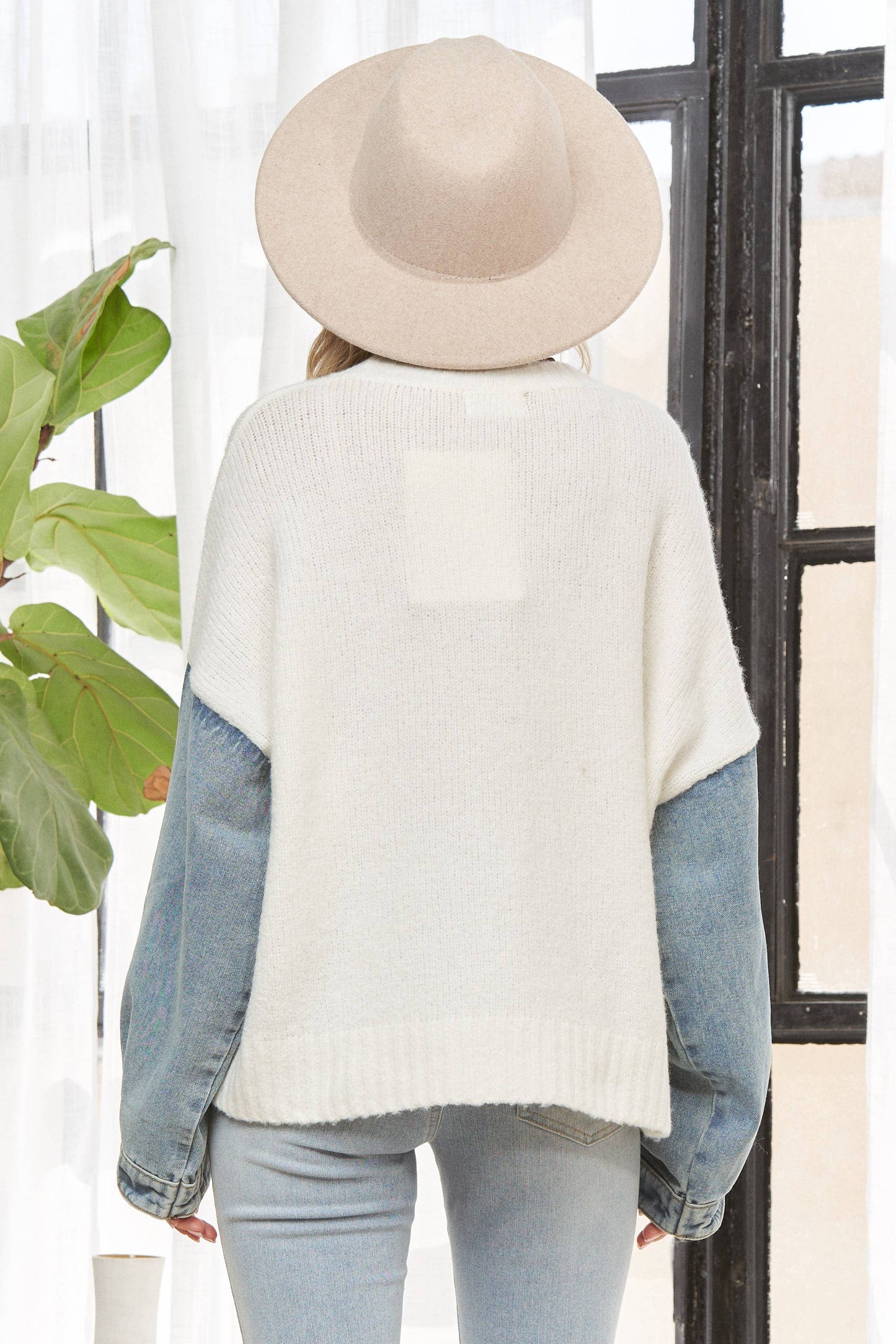 ADORA LA KNIT SWEATER WITH DENIM LONG SLEEVES