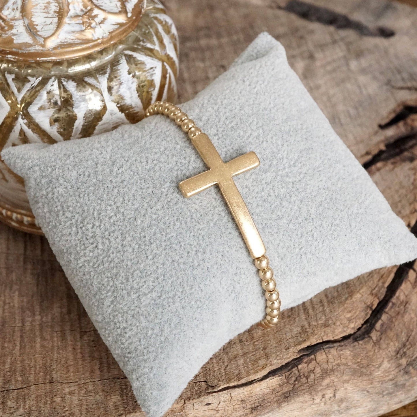 Minimal Cross Stretchy Bracelet in Worn Gold tone with Ball Beads