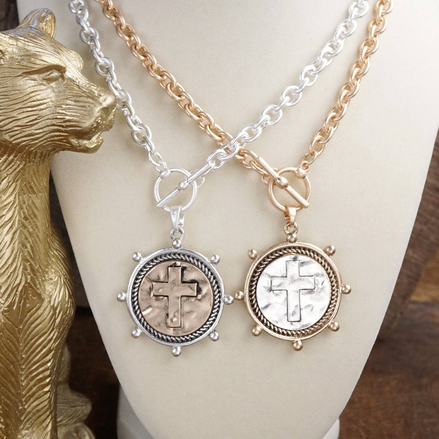 Divine Duo – Two-Tone Cross Coin Stud Earrings