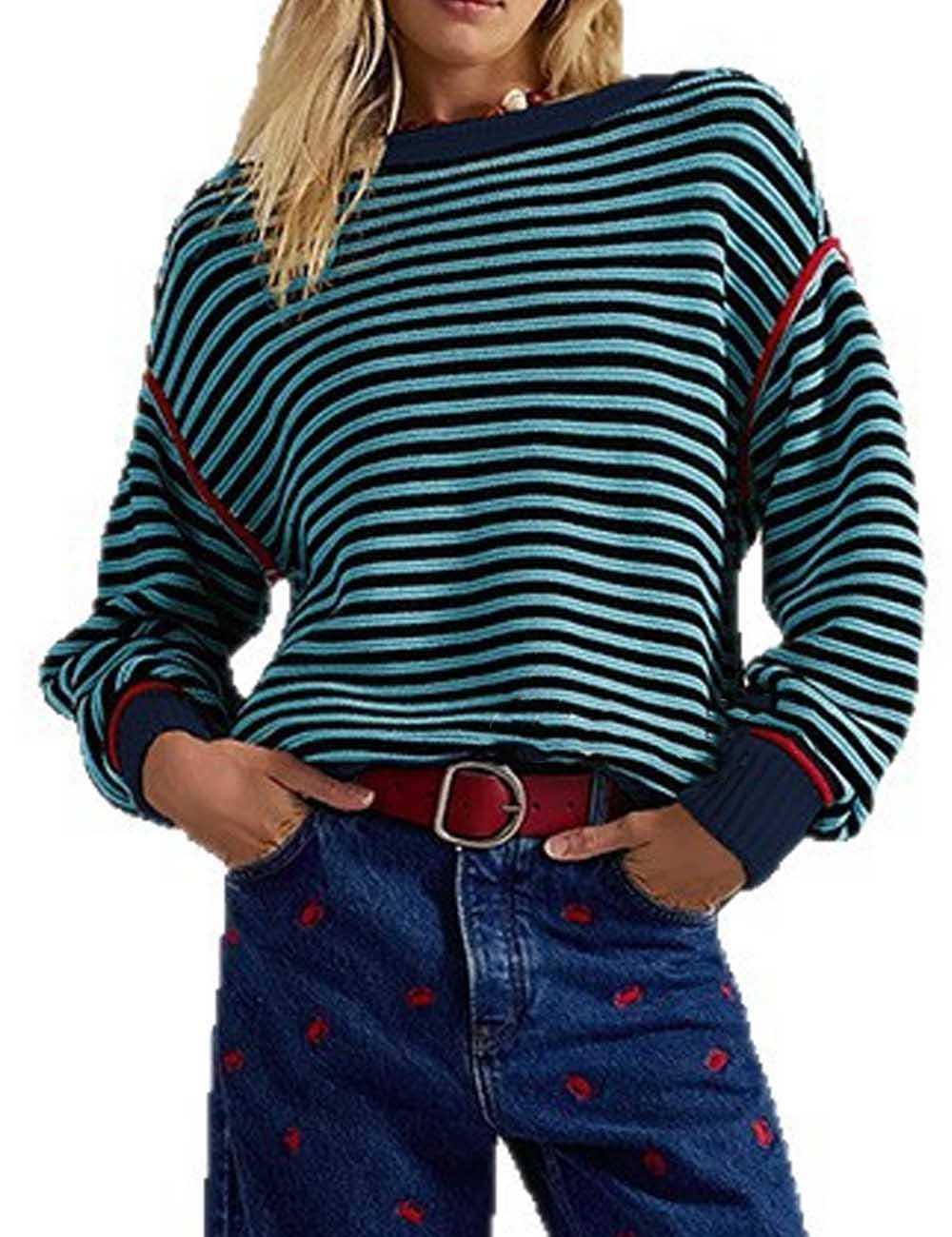 Casual Striped Crew Neck Long Sleeve Sweatshirt DP25E513