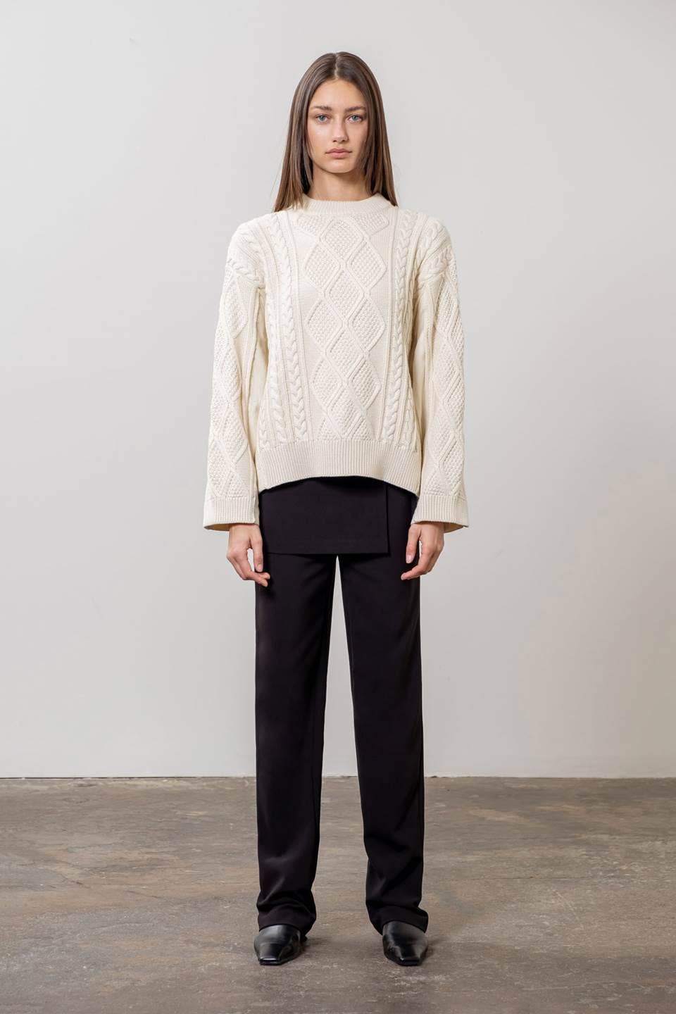 MOON RIVER CABLE KNIT SWEATER WITH DENIM DETAIL