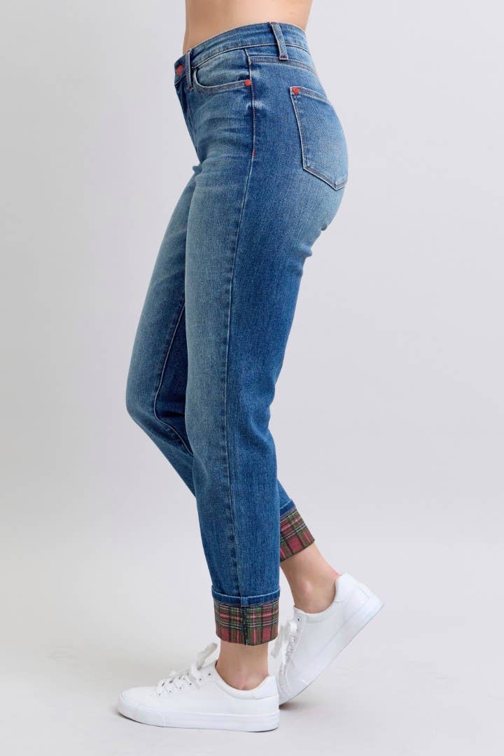 Judy Blue MR Plaid Print Cuff BF