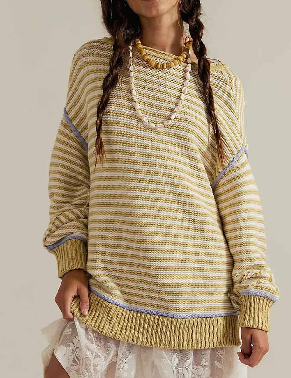 Casual Striped Crew Neck Long Sleeve Sweatshirt DP25E513