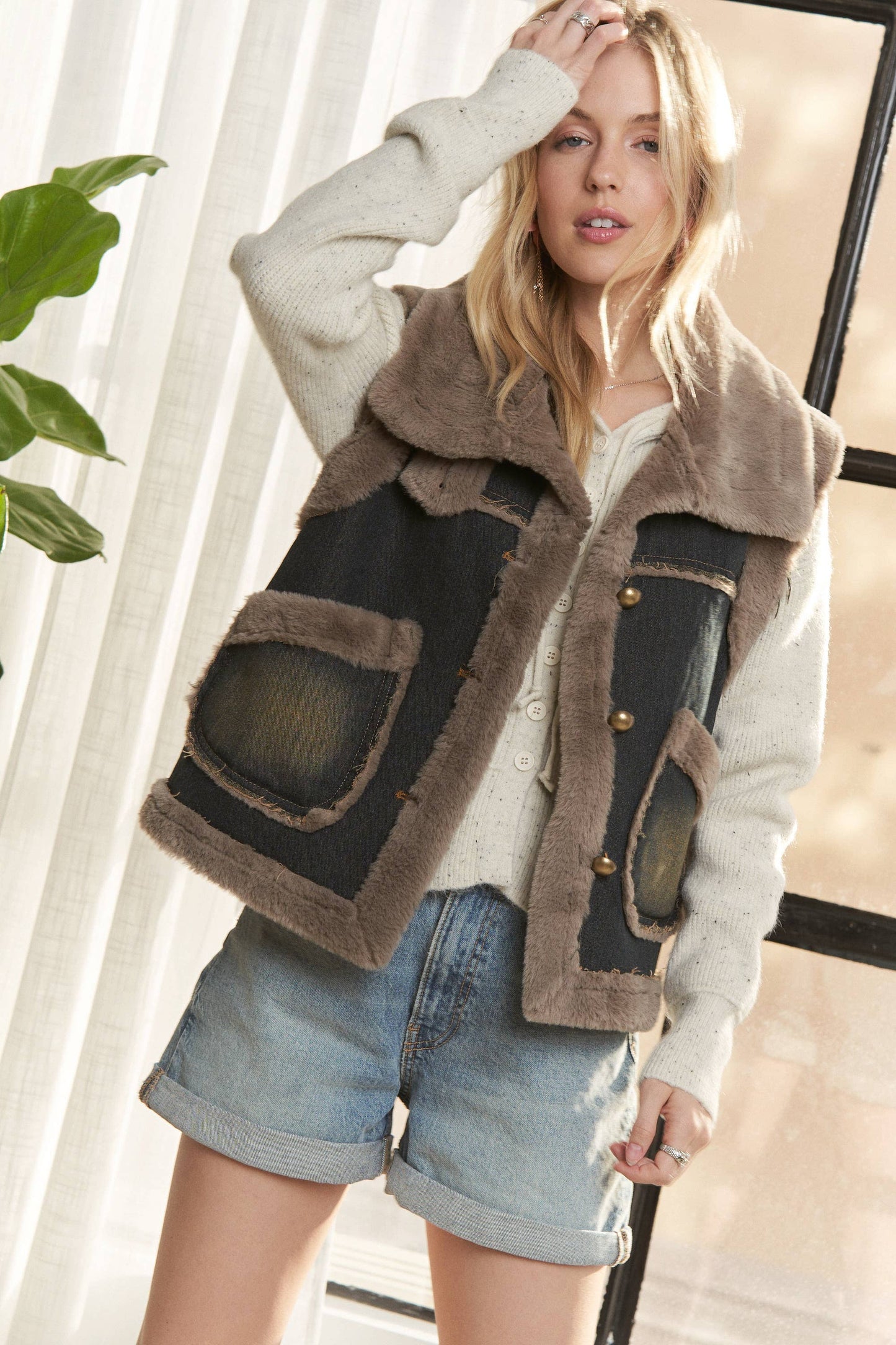 ADORA LA KNIT HENLEY DENIM FAUX FUR LINED JACKET