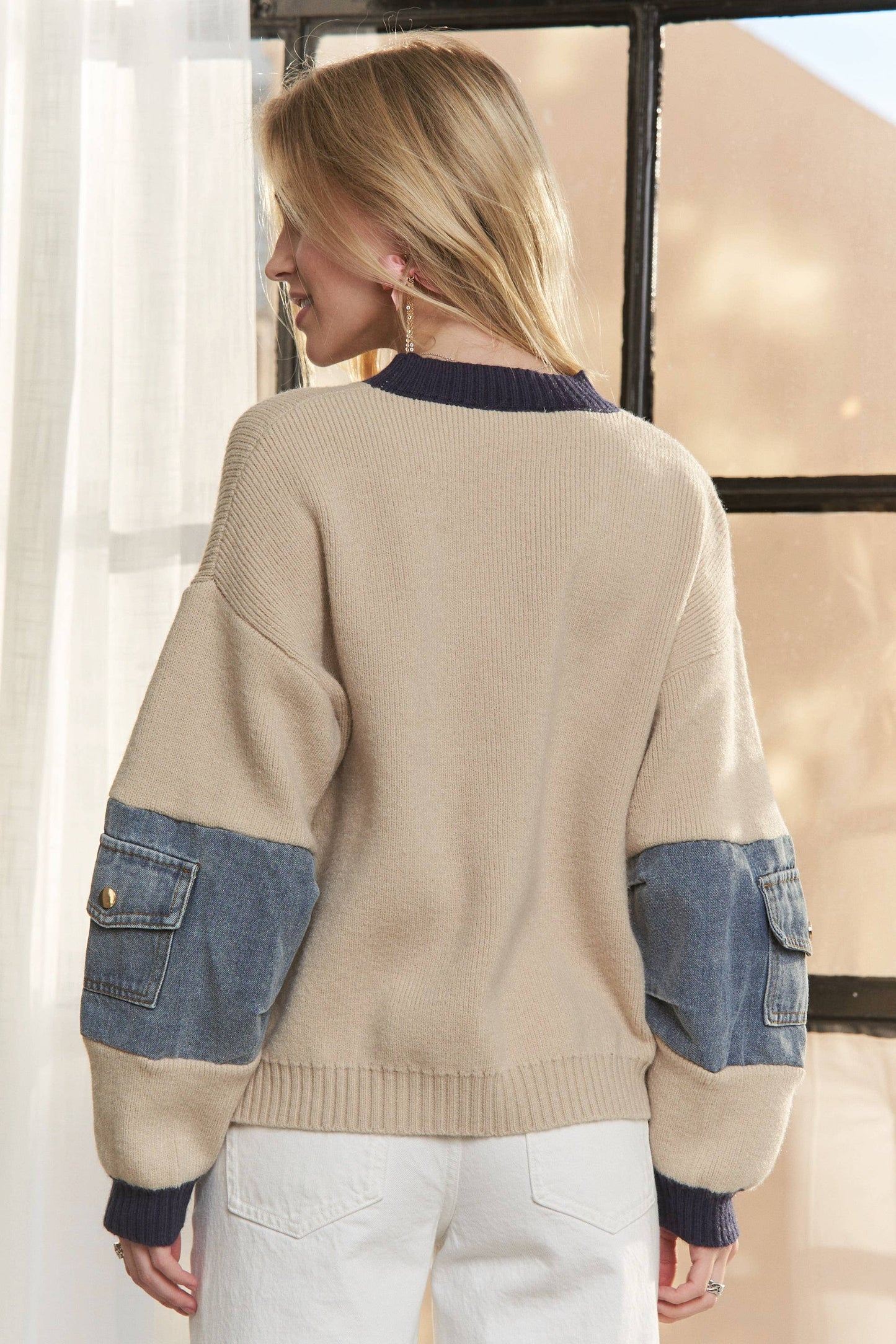 Adora LA KNIT SWEATER TOP WITH DENIM POCKETS