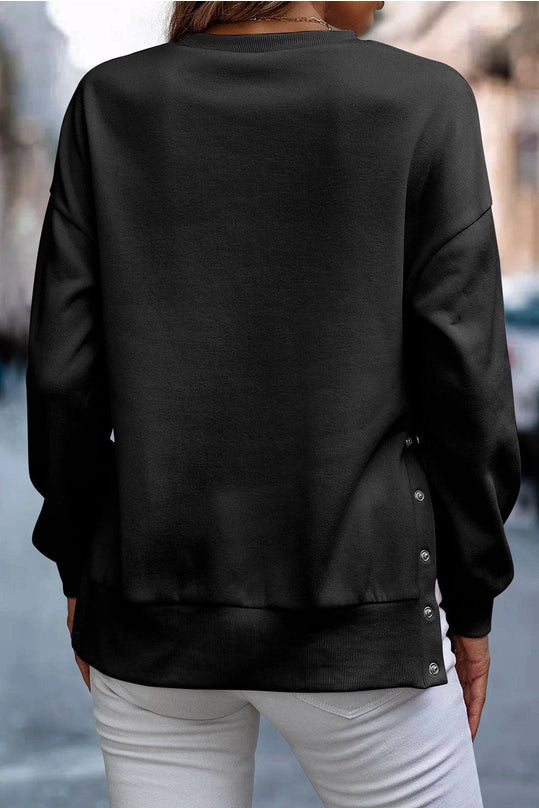 Amaryllis Black Side Snap Sweatshirt Buttons Splits Pullover