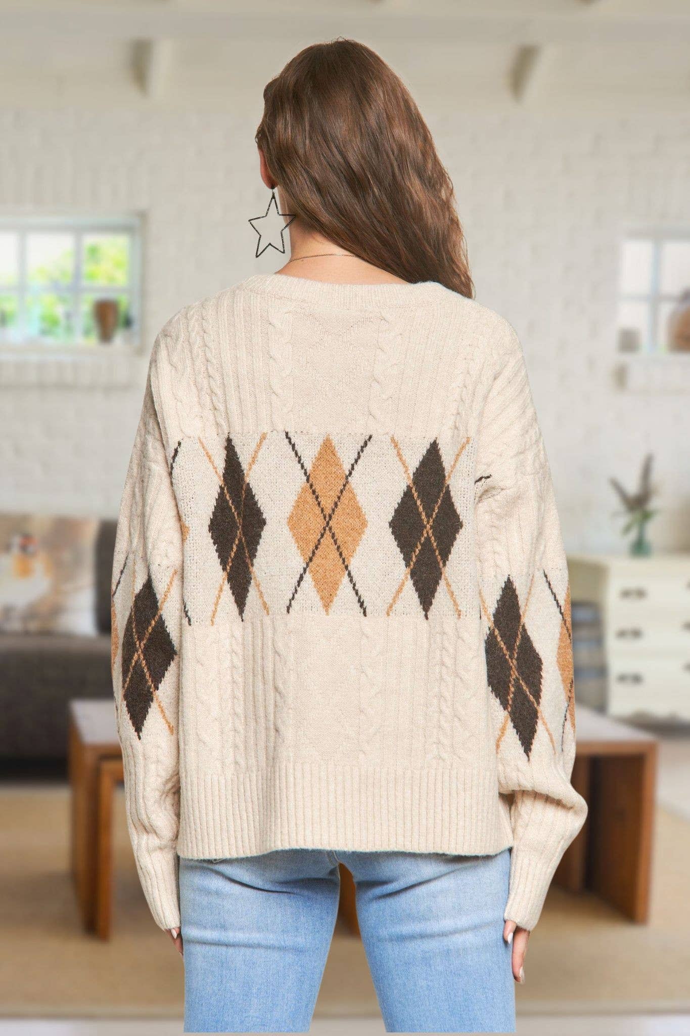 ADORA LA DIAMOND PATTERN CABLE KNIT SWEATER