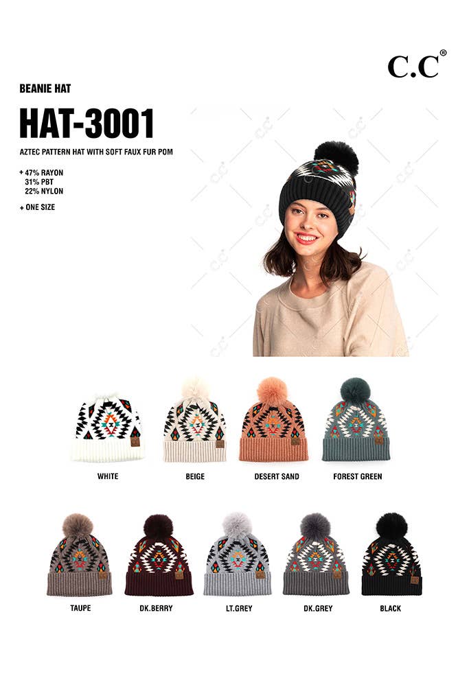 C.C Soft Aztec Pattern Beanie with Faux Fur Pom