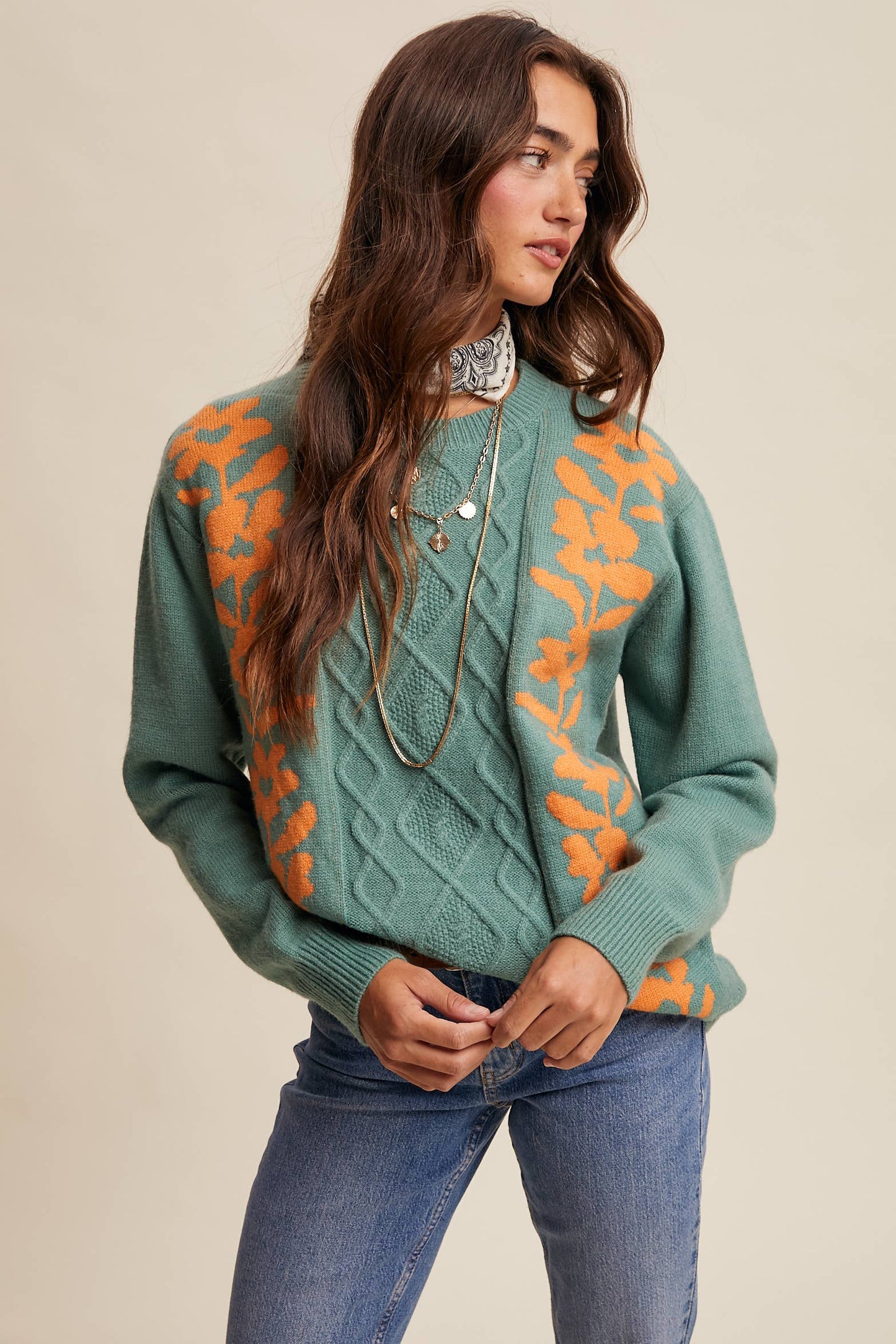 Floral Panel Cable Knit Sweater By Listicle