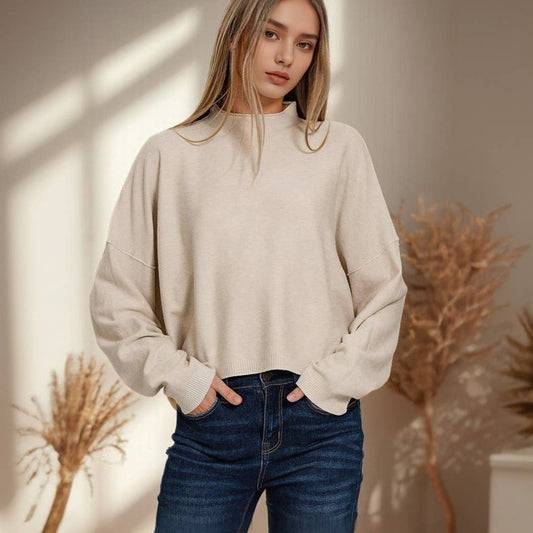 Washed Mock Neck Short Sleeve Sweater