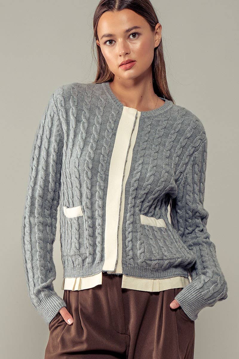 Urban Daizy Cable Knit Snap Front Ribbed Trim Long Sleeve Sweater