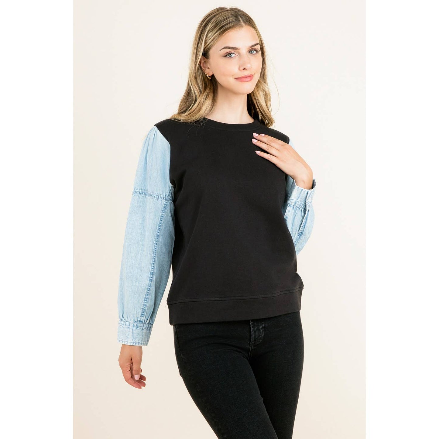 Black Knit Top with Long Light Denim Contrast Sleeves By THML