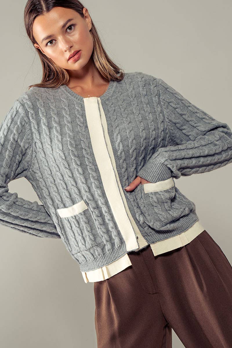 Urban Daizy Cable Knit Snap Front Ribbed Trim Long Sleeve Sweater