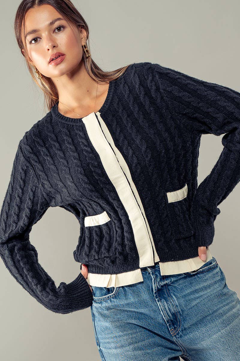 Urban Daizy Cable Knit Snap Front Ribbed Trim Long Sleeve Sweater
