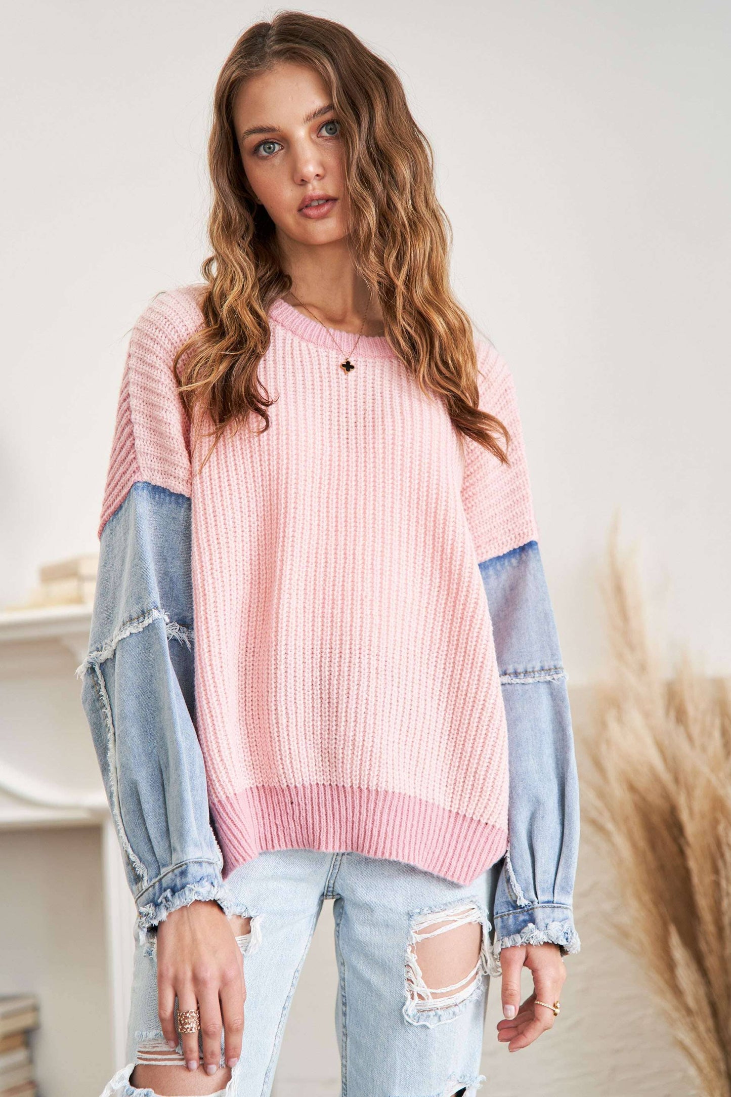 ADORA LA COLORBLOCK SWEATER TOP DENIM SLEEVE - CESW3192