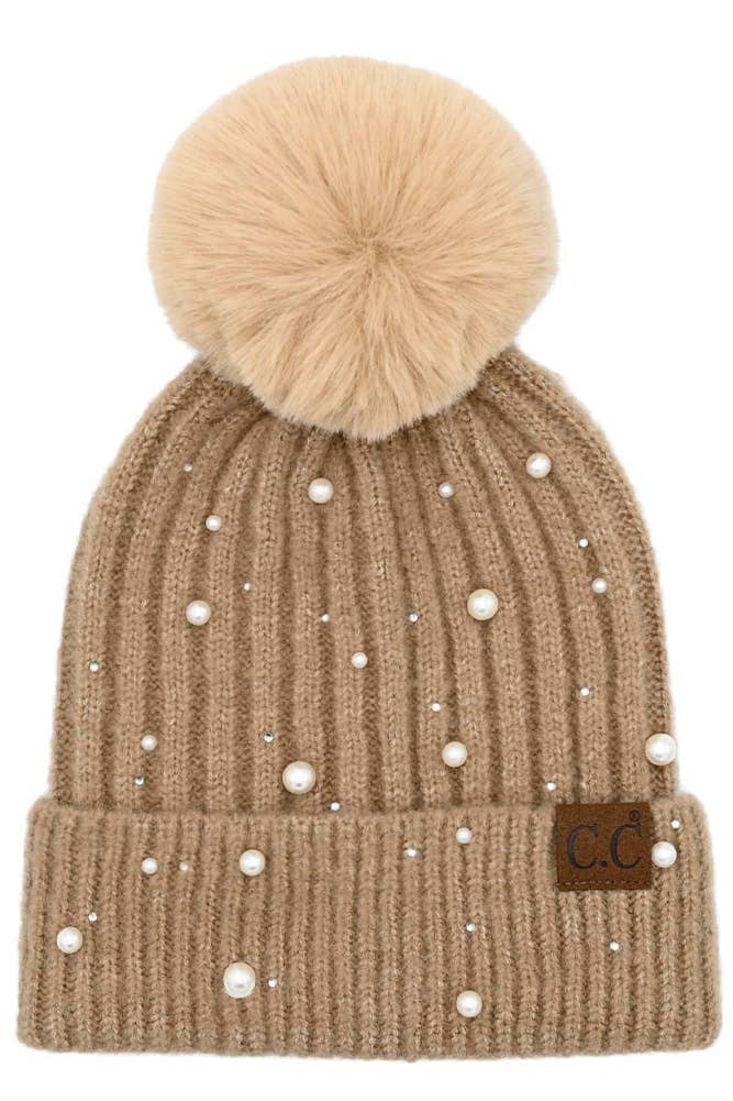 C.C Pearl Embellishments Pom Beanie