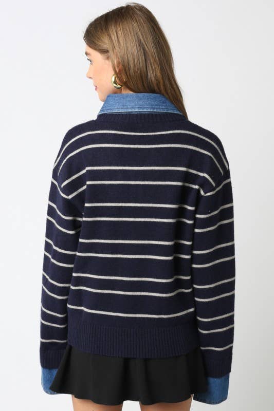 Olivaceous Sofia Stripe Denim Combo Sweater