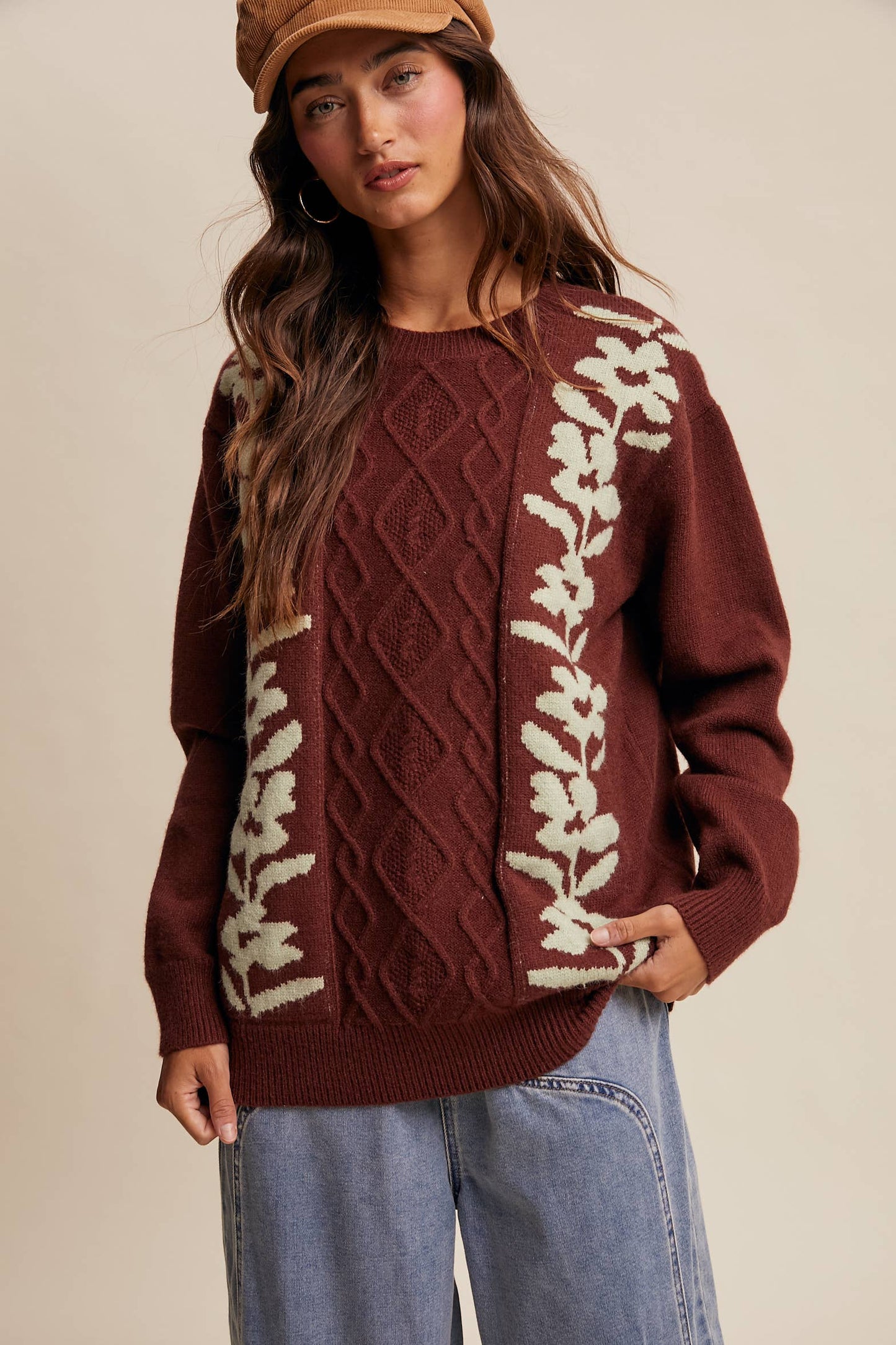 Floral Panel Cable Knit Sweater By Listicle